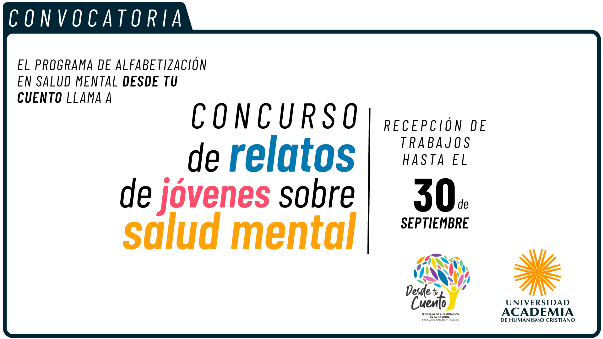 Proyecto institucional de colaboración UAHC Programa “Desde Tu Cuento” abre convocatoria a concurso de relatos de jóvenes sobre salud mental